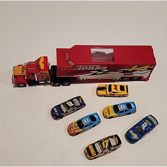 TONKA 14 Red Tractor trailer diecast metal race Car Carrier hauler + Hot wheels - Picture 3 of 16